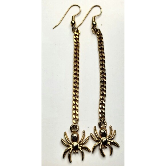 Gold Spider Drop Dangle Earrings 3.5" Unmarked Halloween Costume Jewelry Boho... - Picture 10 of 11